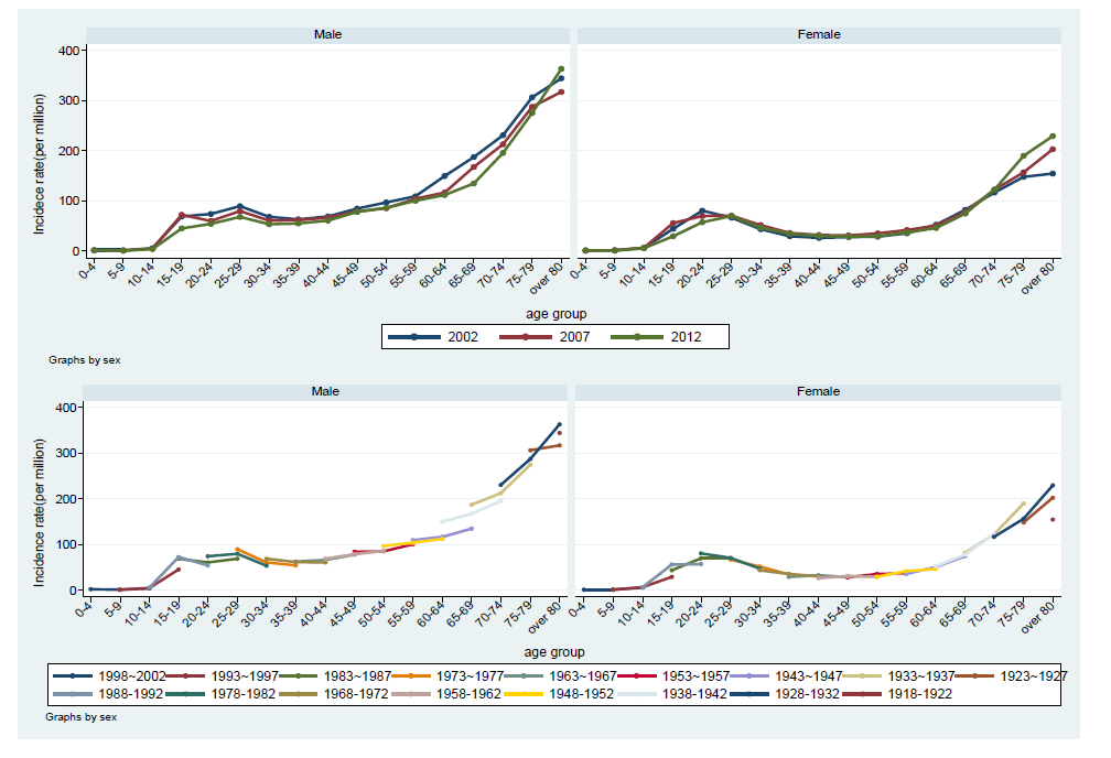 2002-2007-2012년 성별 연령군별 폐결핵 신환자 발생률과 연령-기간-코호트 분석