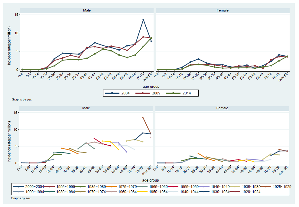 2004-2009-2014년 성별 연령군별 폐결핵 치료실패자 등 발생률과 연령-기간-코호트 분석