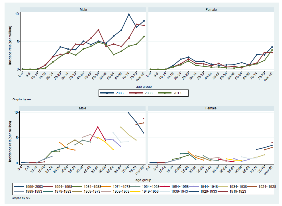 2003-2008-2013년 성별 연령군별 폐결핵 치료실패자 등 발생률과 연령-기간-코호트 분석