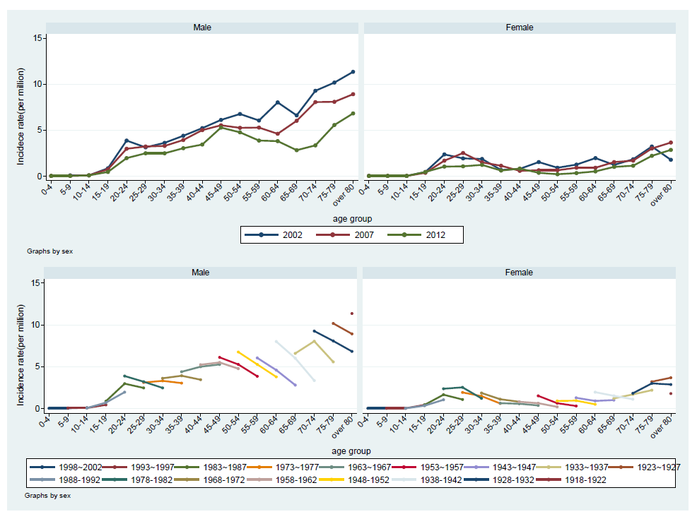 2002-2007-2012년 성별 연령군별 폐결핵 치료실패자 등 발생률과 연령-기간-코호트 분석