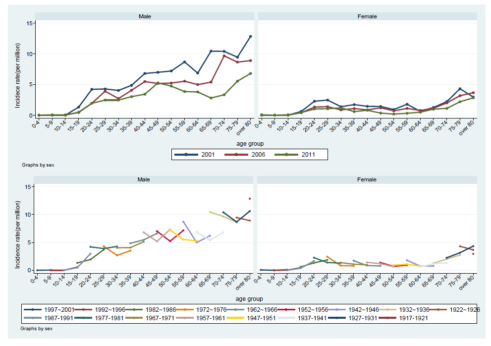 2001-2006-2011년 성별 연령군별 폐결핵 치료실패자 등 발생률과 연령-기간-코호트 분석