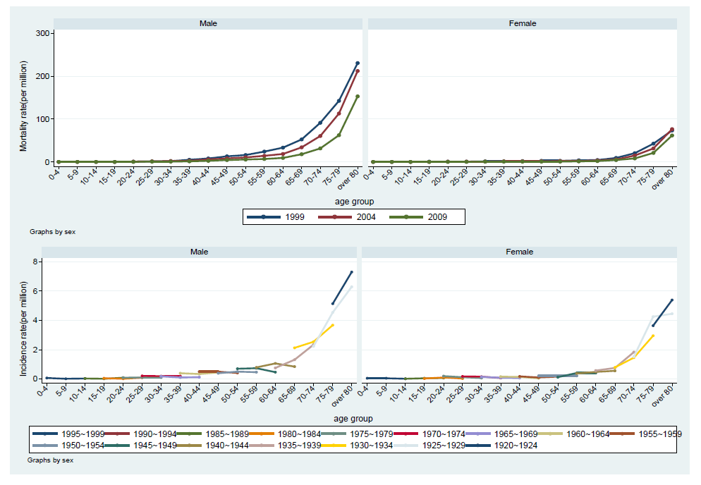 1999-2004-2009년 성별 연령군별 폐결핵 사망률과 연령-기간-코호트 분석