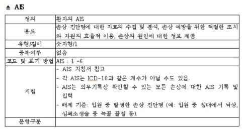 구급기반 다중중증손상 데이터베이스 중증도 항목 설명-AIS