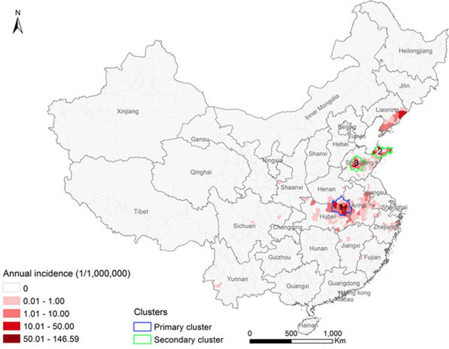 SFTS 확진 환자의 지역적 분포, 중국