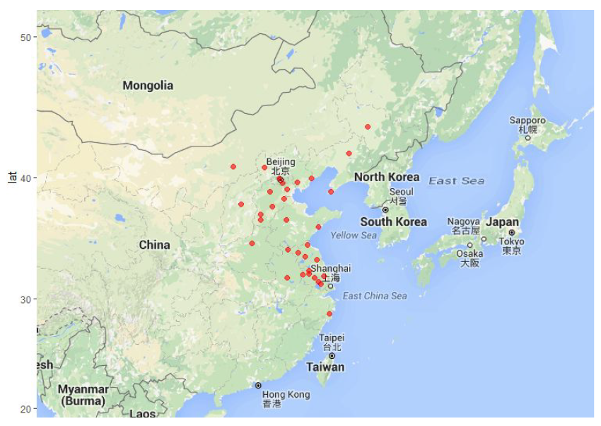 중국 내 대기질 자료 공유(FTP시스템) 현황 (빨간점: 도시 표시)