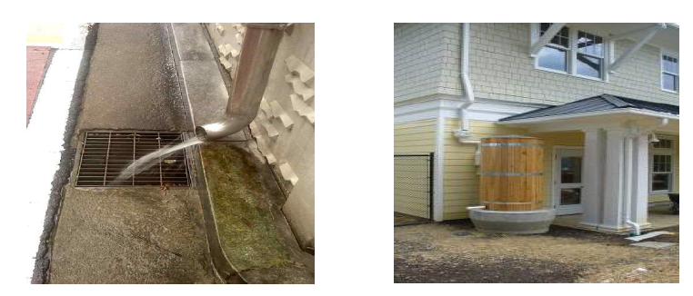빗물받이로 배수되는 빗물(좌)과 지붕에서 내려온 빗물을 받는 빗물저류통(우)