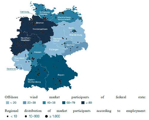 독일 풍력발전 분포도 (2014년)