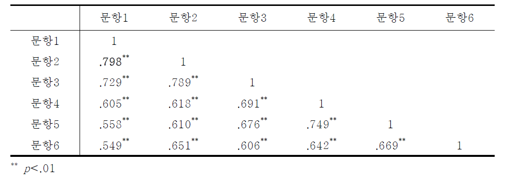 통일문화 유능감 문항간 상관분석