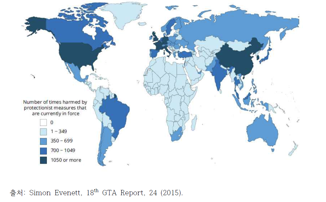 보호무역주의조치 부과의 대상 국가 분포: 2008-2015