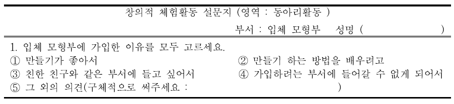 질문지를 활용한 학생의 의식․태도 조사(예시)