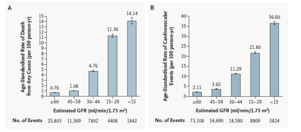 Age-standardized rates of death from any cause (A) and cardiovascular events (B)