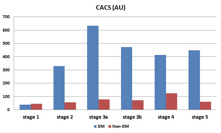 당뇨 유무에 따른 CKD stage 별 CACS