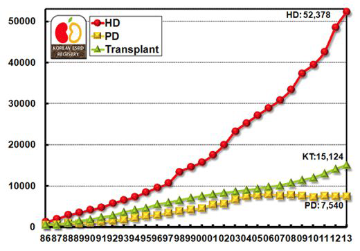 우리나라 말기신부전 환자의 증가 추이
