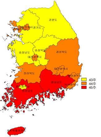 2013년도 지역별 쯔쯔가무시증 발생 정점 주 분포.