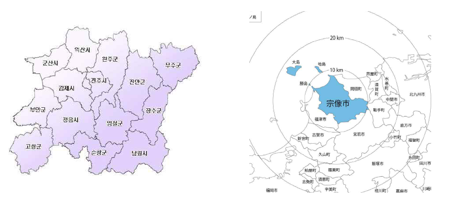 전라북도 및 므나카타시 지도