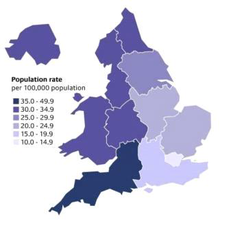 Region specific rate of Clostridium difficile reports, England, Wales and Northern Ireland: 2012