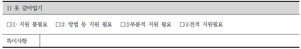 장애인 지원 조사표의 신체활동 중 옷갈아 입기 조사내용