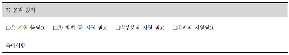 장애인 지원 조사표의 신체활동 중 옮겨 앉기 조사내용