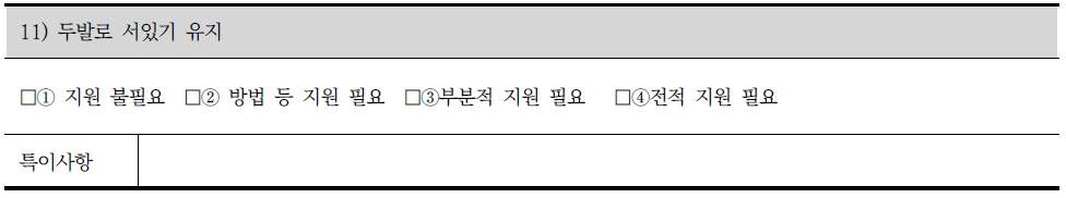 장애인 지원 조사표의 신체활동 중 두발로 서있기 유지 조사내용