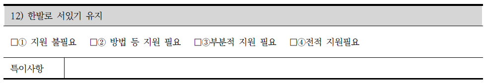 장애인 지원 조사표의 신체활동 중 한발로 서있기 유지 조사내용