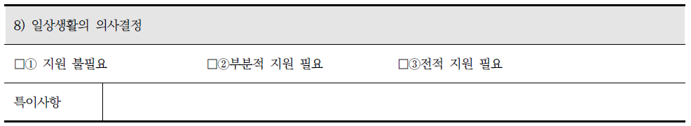 장애인 지원 조사표의 수단적 일상생활 동작 중 일상생활의 의사결정과 관련 조사내용