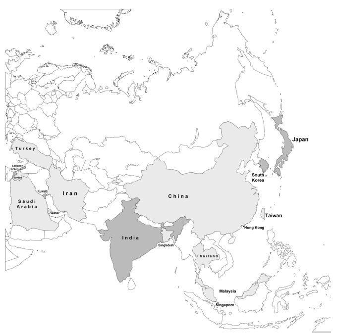 Map of countriesin Asia with in flammatory bowel disease. Area shaded dark gray represents countries with incidence and/or prevalence data, area shaded light gray represents countries with IBD cohorts described