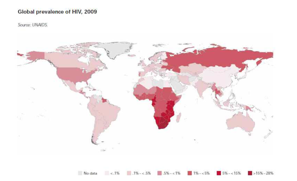 전 세계 HIV감염 유병률 분포