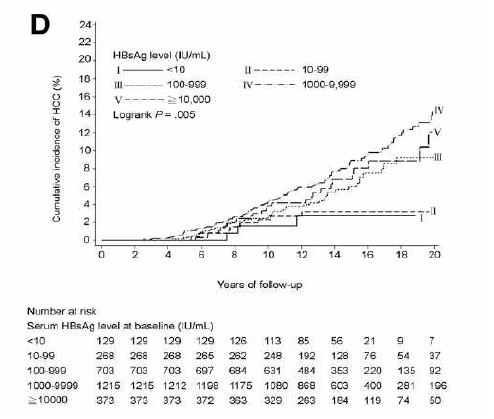 HBsAg 농도에 따른 간세포암종 누적 발생율