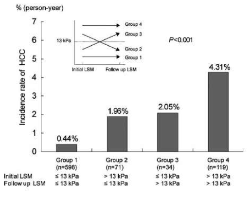 liver stiffness measurement 변화에 따른 간세포암종 발생율 비교