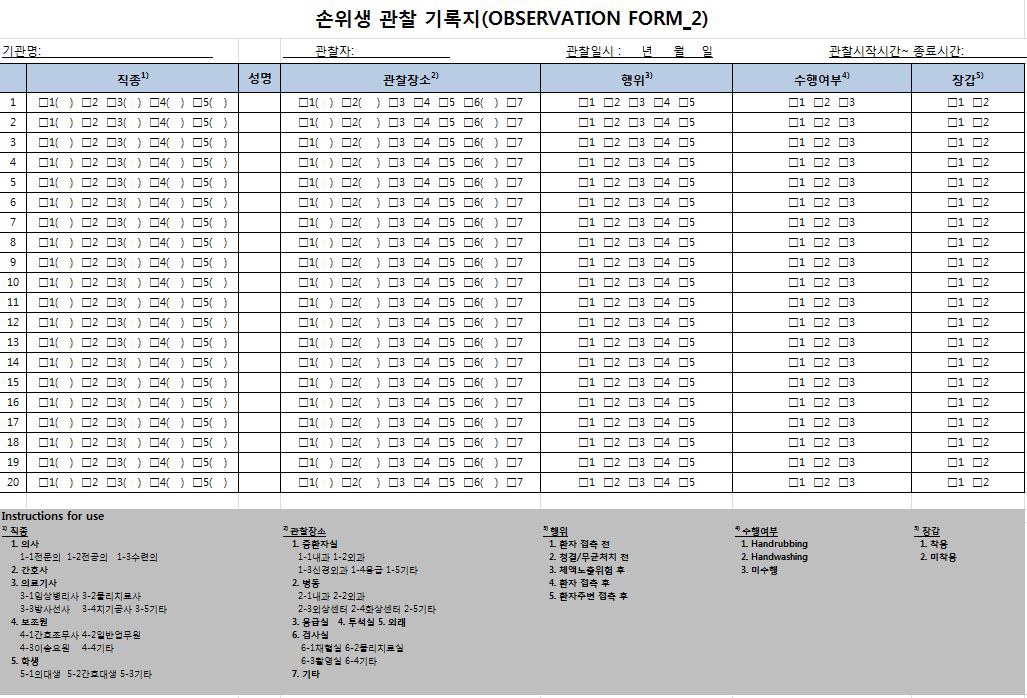 KONIS 손위생 관찰기록지 양식 2