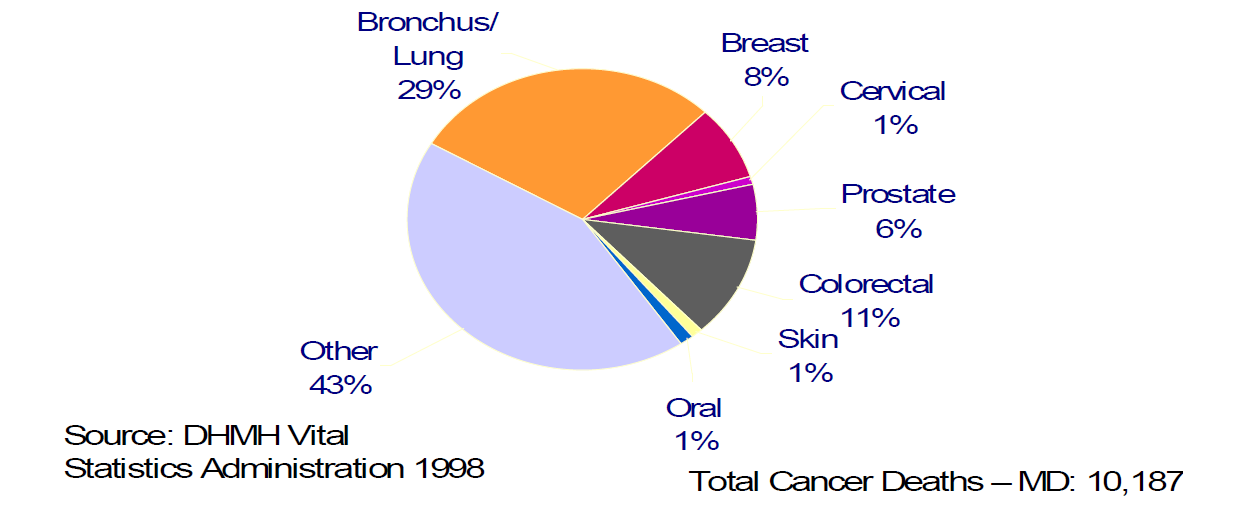 미국 메릴랜드주 CRF 암감소 프로그램의 대상 암의 분포