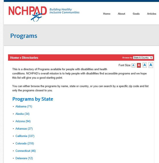 미국 NCHPAD의 장애인 건강증진서비스 안내 웹사이트 화면