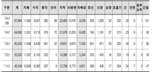 연도별 장애유형별 수급자 현황