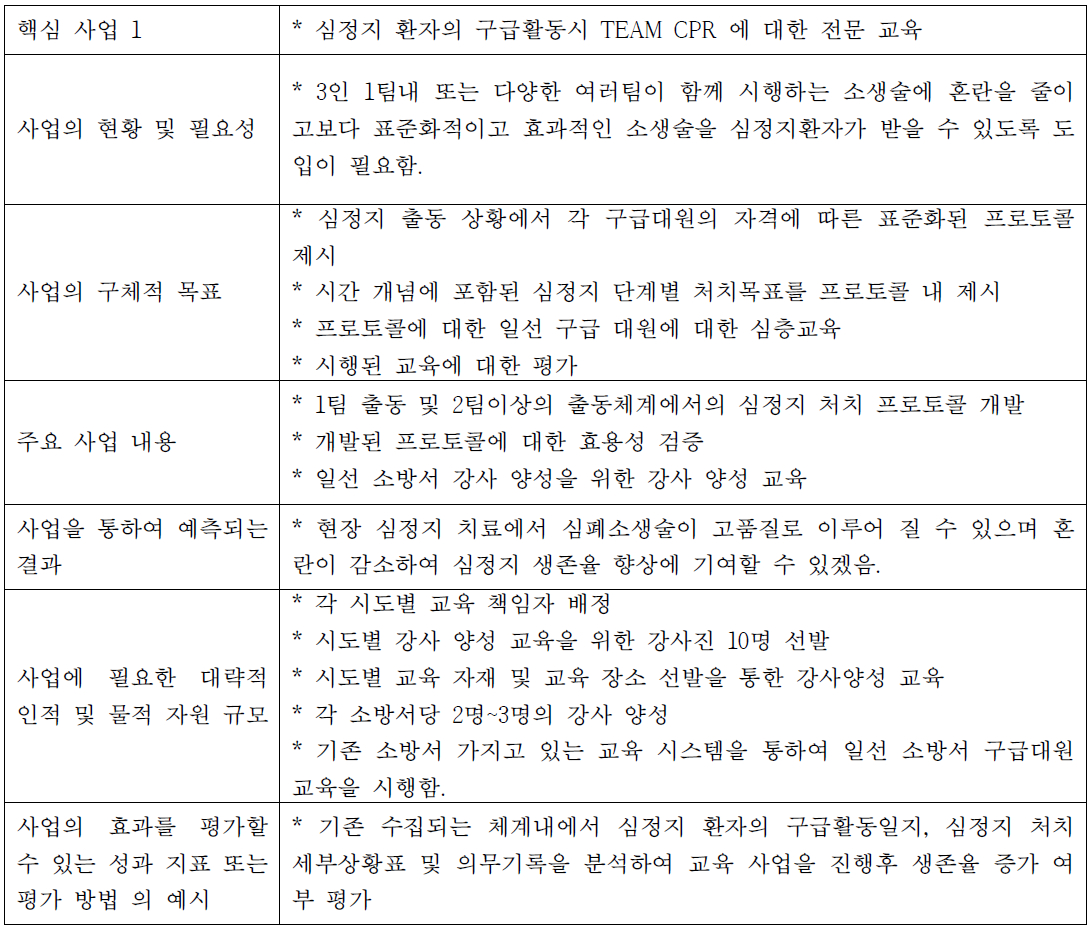 선진화 구성요소 핵심 사업 제안의 요약(예시)