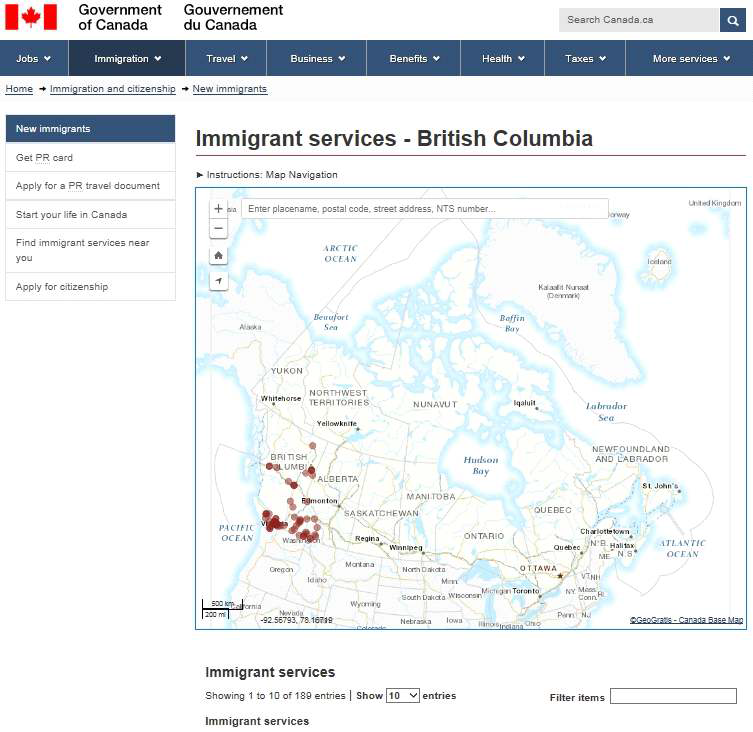 캐나다 브리티시컬럼비아 주 이민자 서비스기관 지도