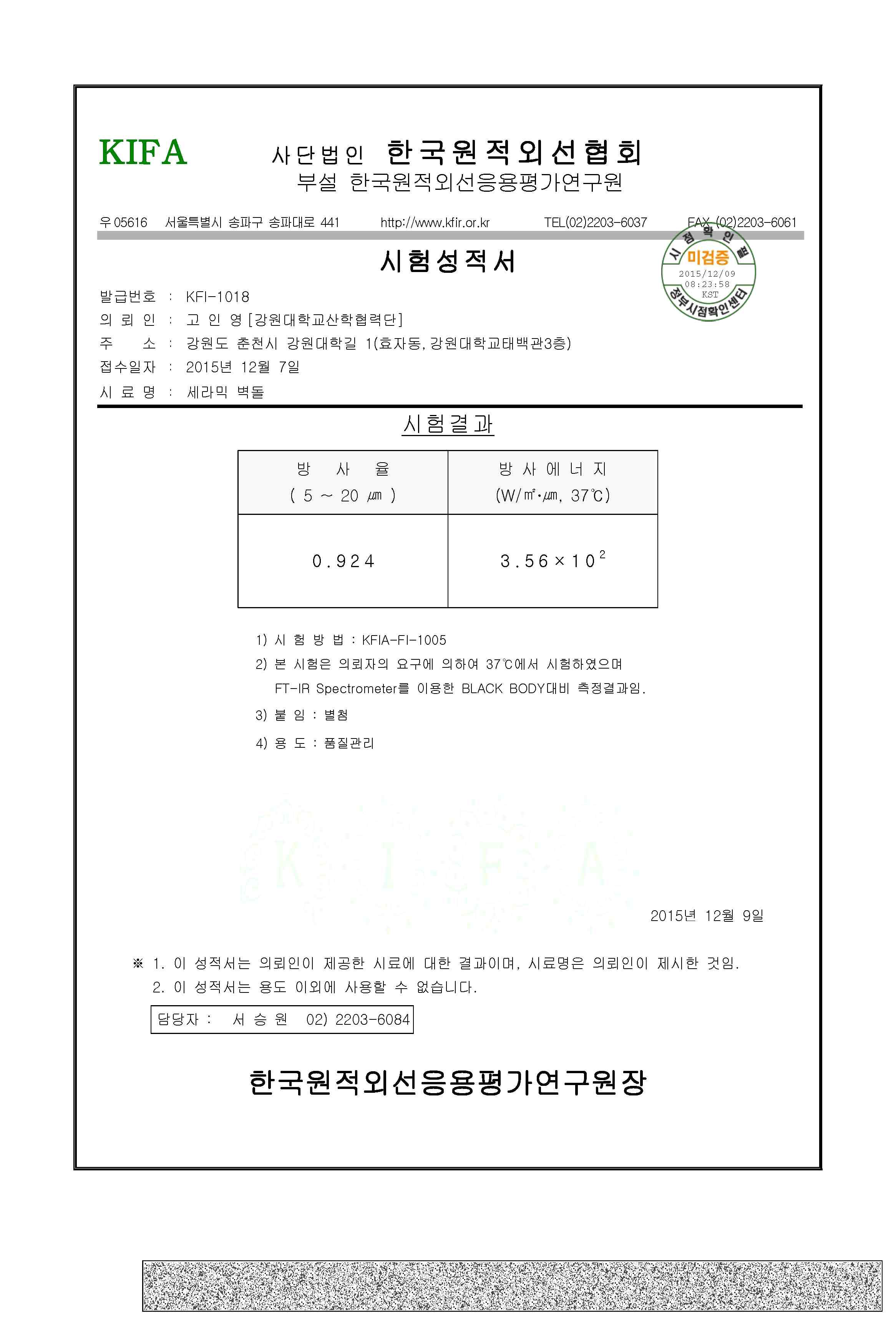 37℃에서 측정한 세라믹 벽돌의 원적외선 방사율 및 방사에너지.