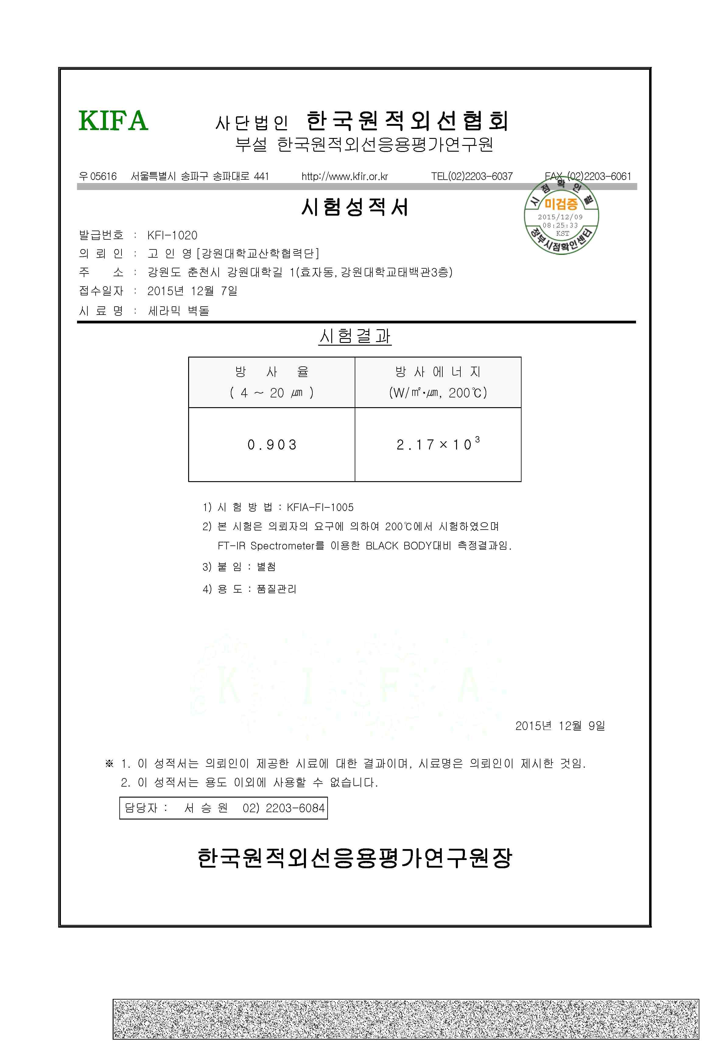 200℃에서 측정한 세라믹 벽돌의 원적외선 방사율 및 방사에너지.