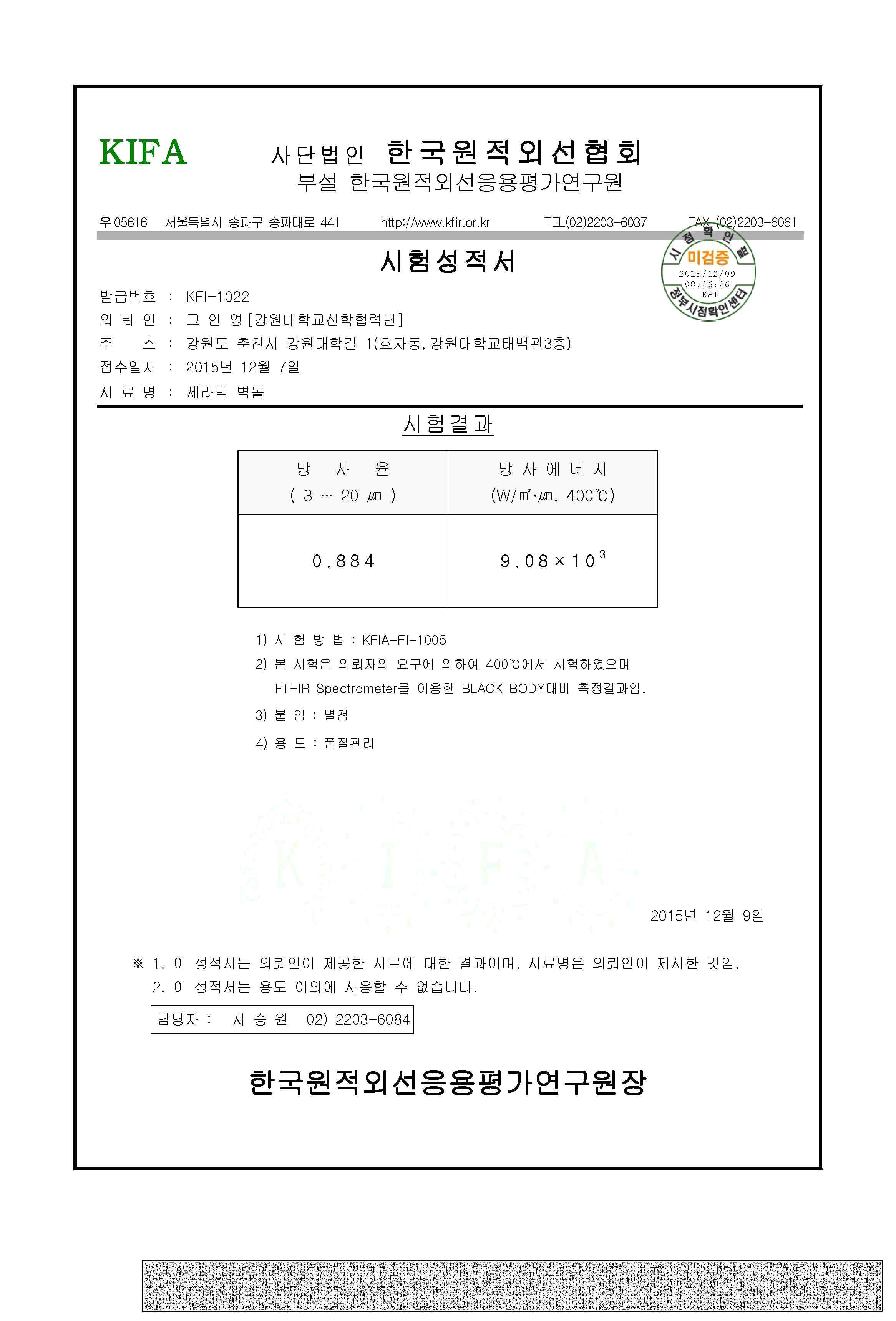 400℃에서 측정한 세라믹 벽돌의 원적외선 방사율 및 방사에너지.