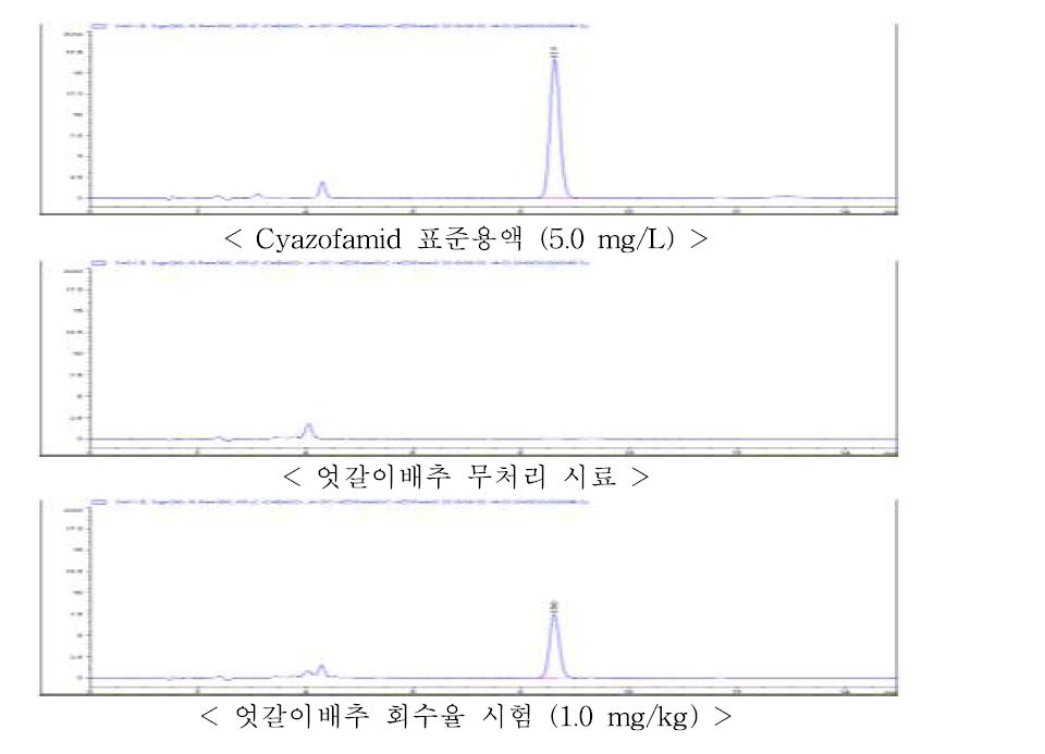 엇갈이배추 중 cyazofamid의 회수율 크로마토그램