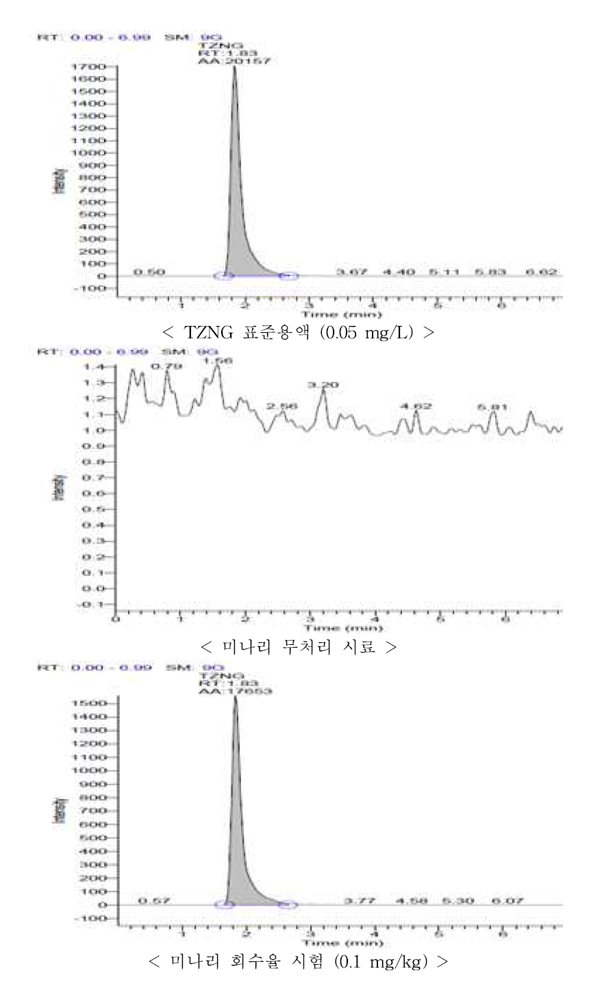 미나리 중 TZNG의 회수율 크로마토그램