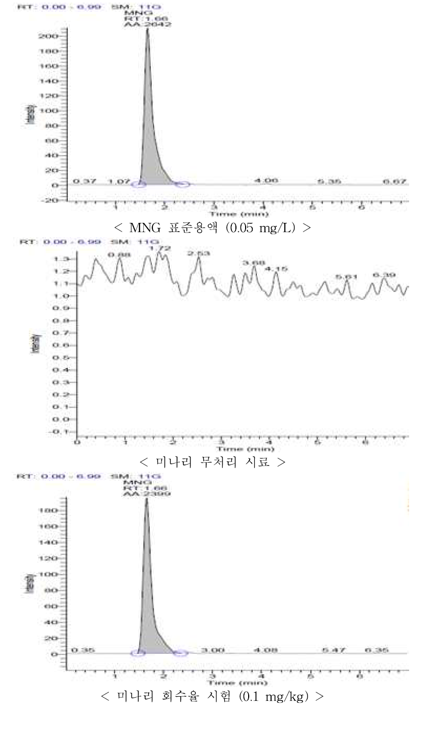 미나리 중 MNG의 회수율 크로마토그램