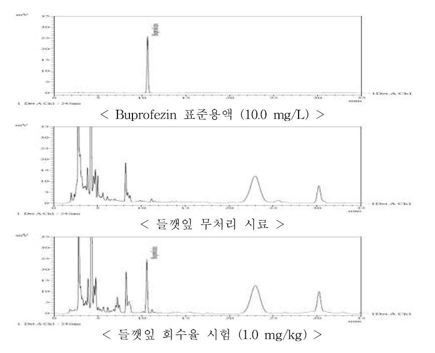 들깻잎 중 bitertanol의 HPLC-UVD 회수율 크로마토그램
