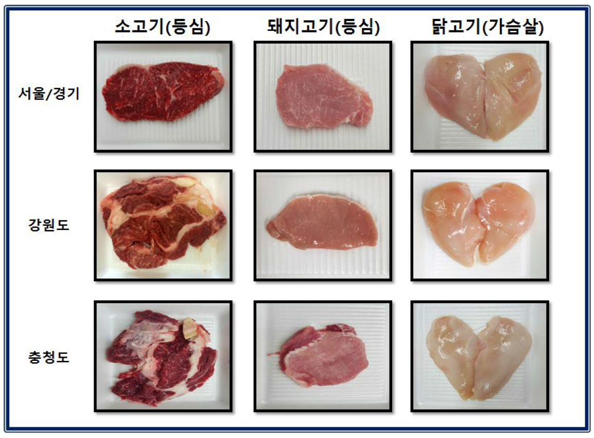 지역별(서울/경기,강원도,충청도)식육포장처리장의 축종에 따른 부위별 식육 사진