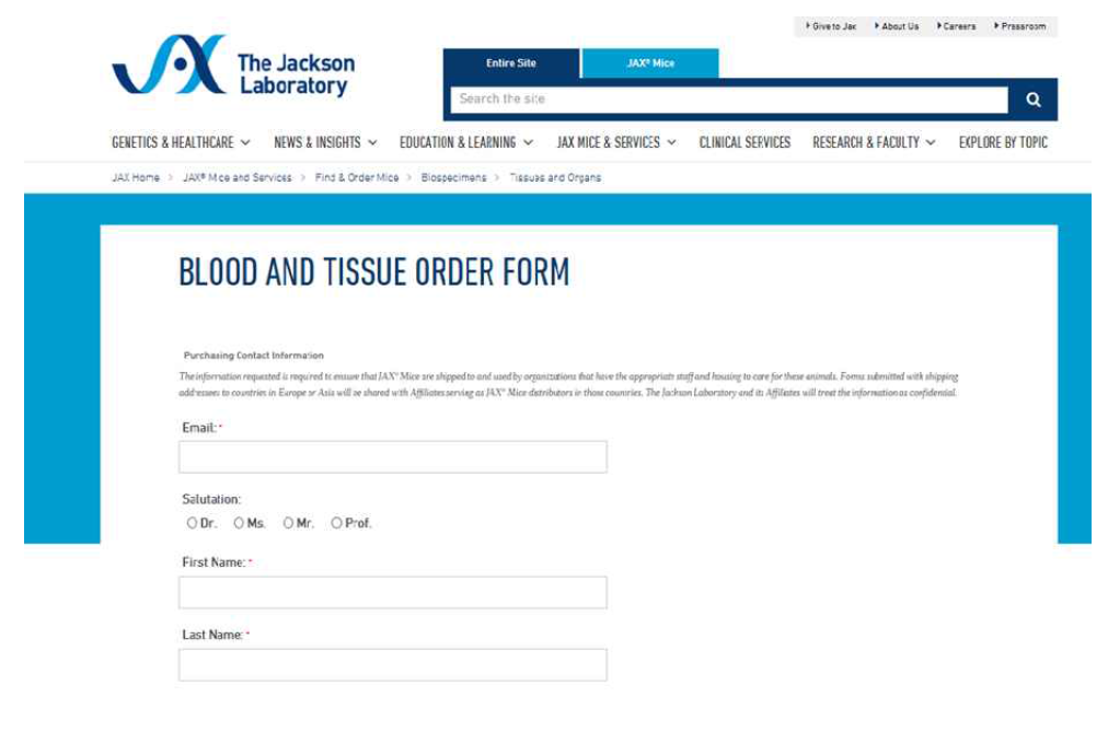 Jackson Lab의 홈페이지에서 혈액 및 조직 주문 화면