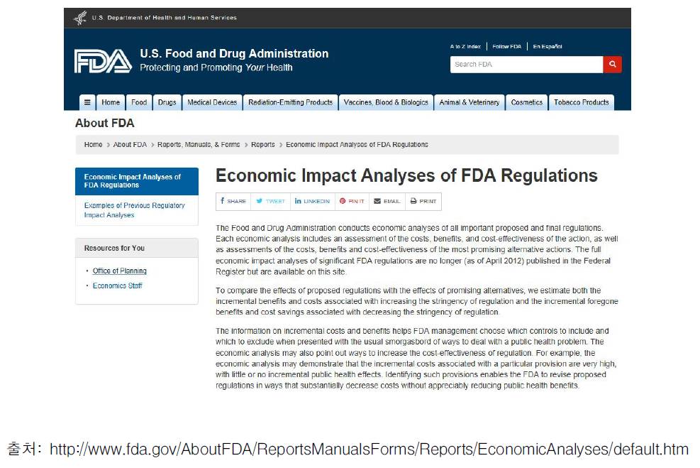 미국 식품의약국의 홈페이지에 명시된 규제영향분석