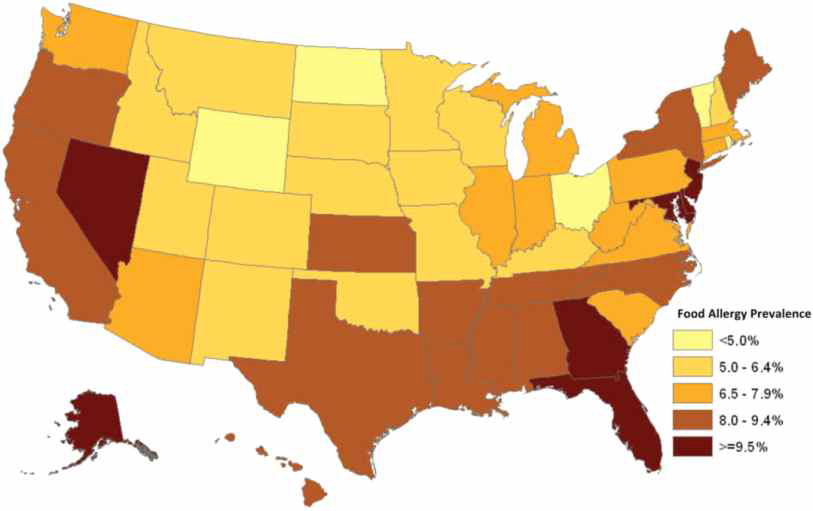 미국 지역별 소아 식품알레르기 분포(미국)