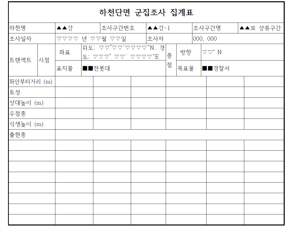 하천단면 군집조사 집계표 (엑셀 양식)