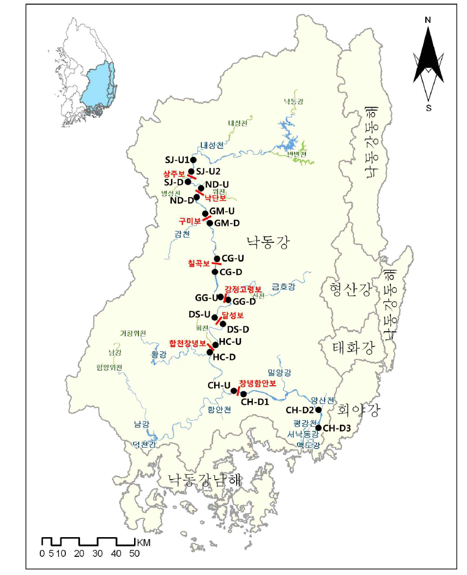 낙동강 수계의 수질 및 생물상 조사지점