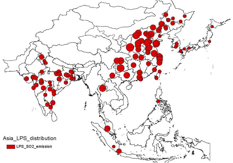 아시아의 대형 점 오염원 (SO2 emission)