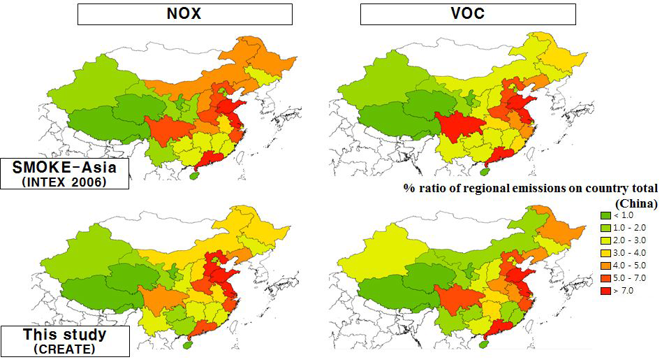 중국 총 배출량에 따른 NOX와 VOC의 지역적 공간분배 비율 비교